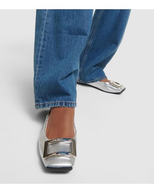 Roger Vivier White Viv' Pockette Metallic Leather Ballet Flats