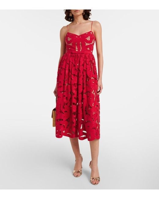 Self-Portrait Red Bow Lace Linen And Cotton Midi Dress