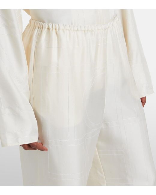 Totême White Embroidered Silk Satin Pajama Pants