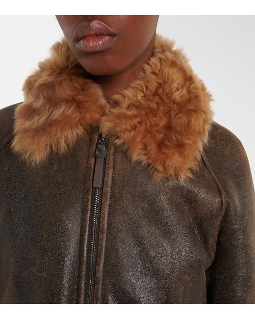 Brunello Cucinelli Brown Monili Shearling-Trimmed Leather Blouson Jacket