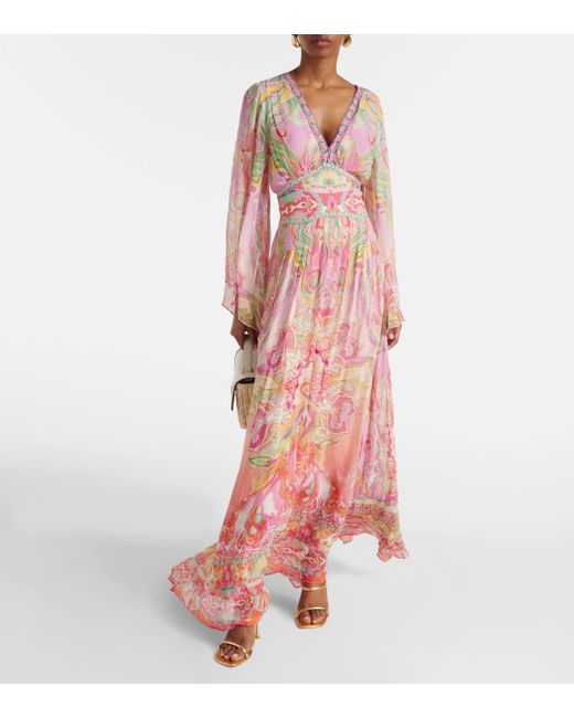 Camilla Pink Floral Silk Satin Maxi Dress