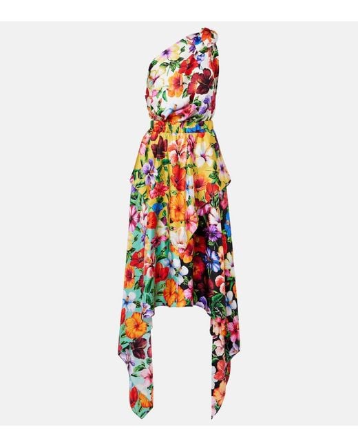 Dolce & Gabbana White Floral One-Shoulder Silk Midi Dress