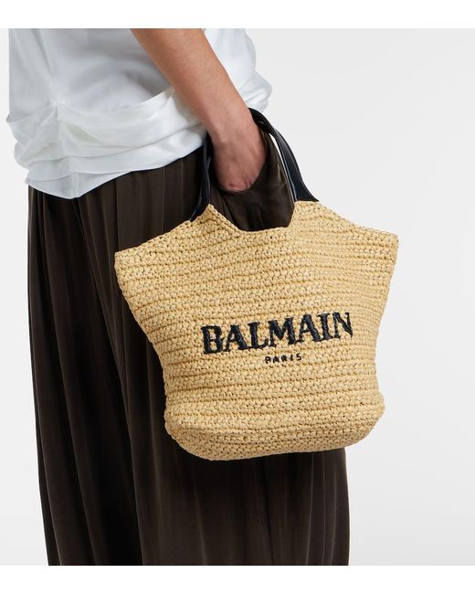 Balmain Metallic Logo Raffia-Effect Top-Handle Bag