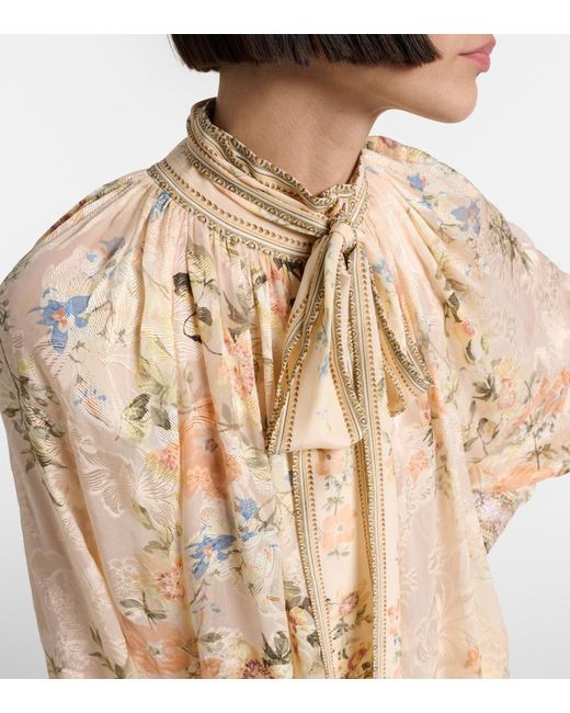 Camilla Natural Embellished Floral Tie-Neck Silk-Blend Blouse