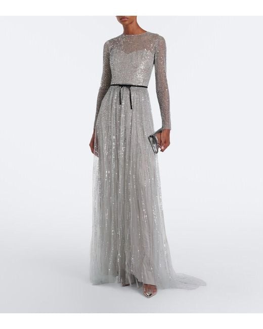 Monique Lhuillier Gray Bow-Detail Sequined Tulle Bustier Gown