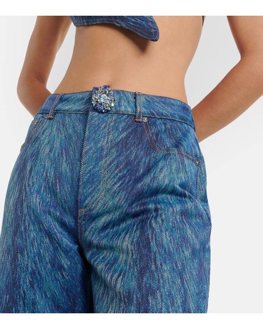 Area Blue Embellished Fur-Print Flared Jeans