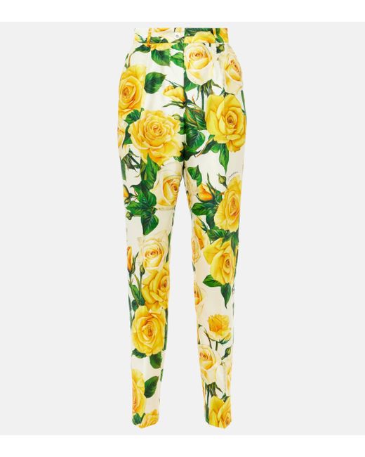 Dolce & Gabbana Yellow Floral High-rise Silk-blend Straight Pants
