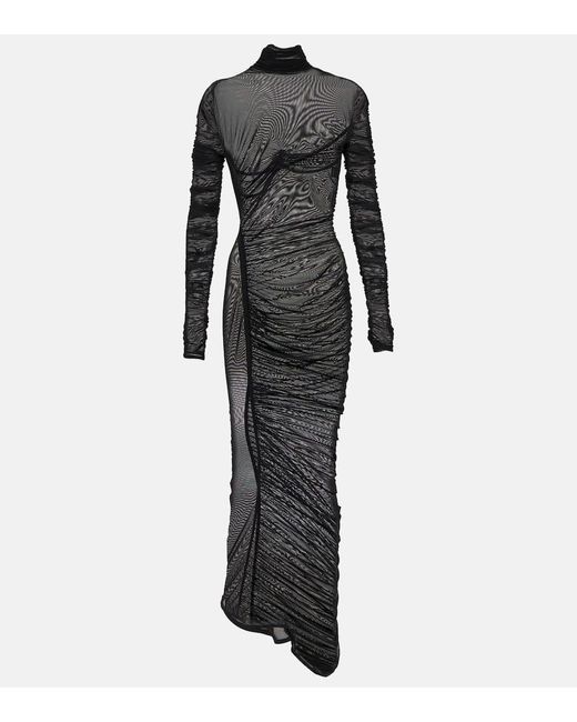 Mugler Black Ruched Sheer Maxi Dress