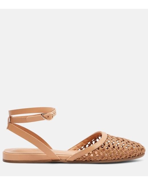 Ancient Greek Sandals Brown Filothea Leather-Trimmed Raffia Slingback Flats