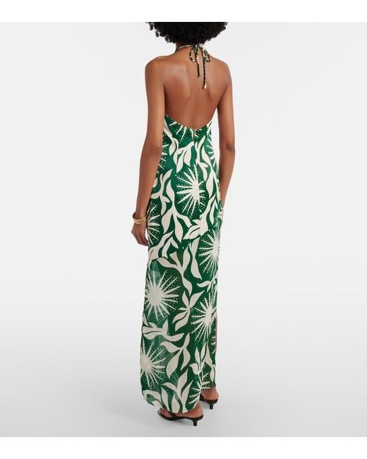 Cala De La Cruz Green Acasia Beaded Printed Halterneck Maxi Dress