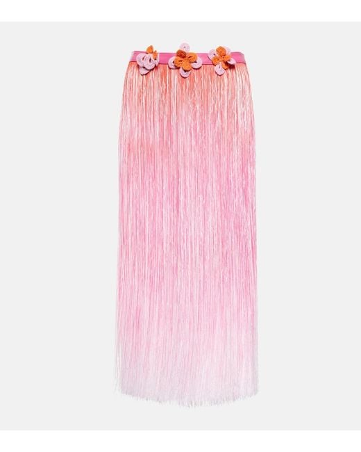 Roberta Einer Pink Ombre Leather-Trimmed Tassel Midi Skirt
