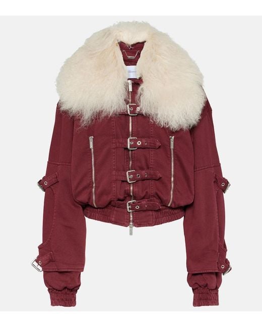 Blumarine Red Cropped Shearling-Trimmed Denim Jacket