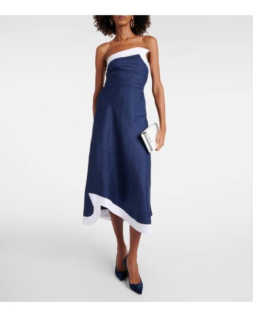 Staud Blue Sirani Asymmetric Linen Maxi Dress
