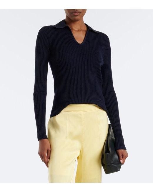 Jil Sander Blue Cutout Ribbed-Knit Wool Polo Sweater