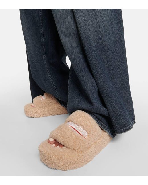 Balenciaga Natural Logo Faux Shearling Slides
