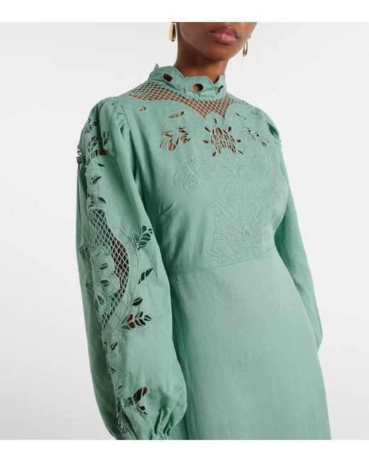 Farm Rio Green Broderie Anglaise Linen And Cotton Midi Dress