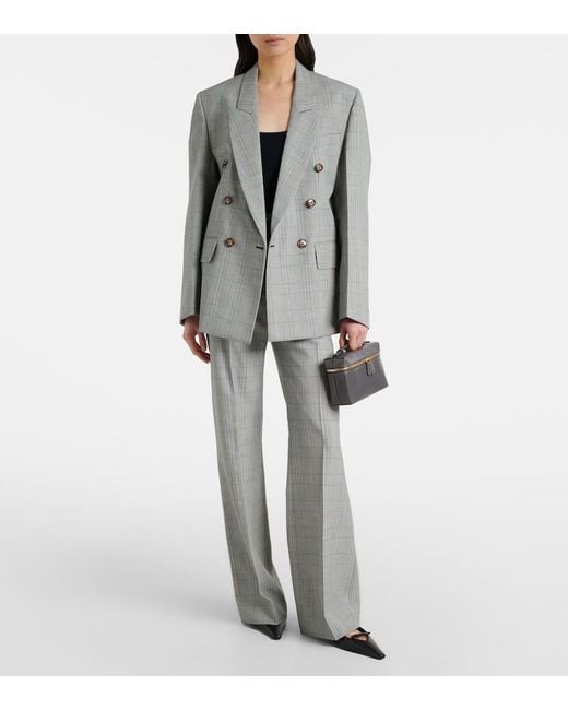 Victoria Beckham Gray Checked Virgin Wool Flared Pants