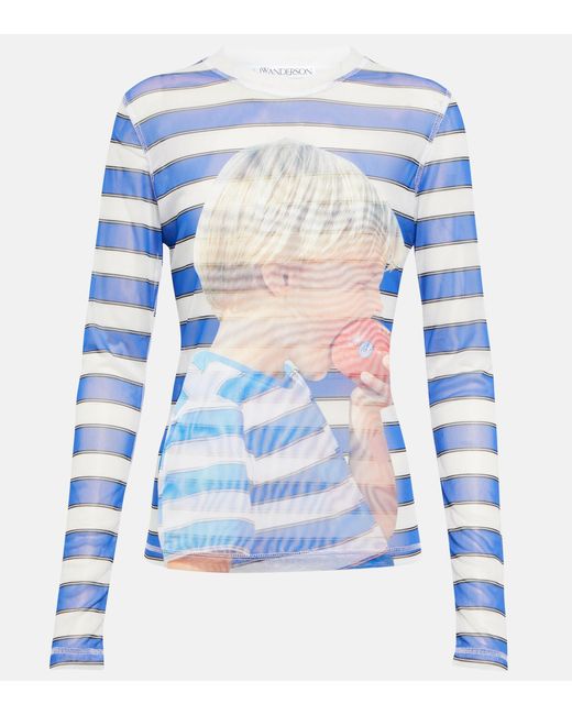 【送料&関税込】J.W. Anderson Logo Mesh White And Blue Top JW Anderson Printed Long-sleeved Mesh Top in Blue | Lyst