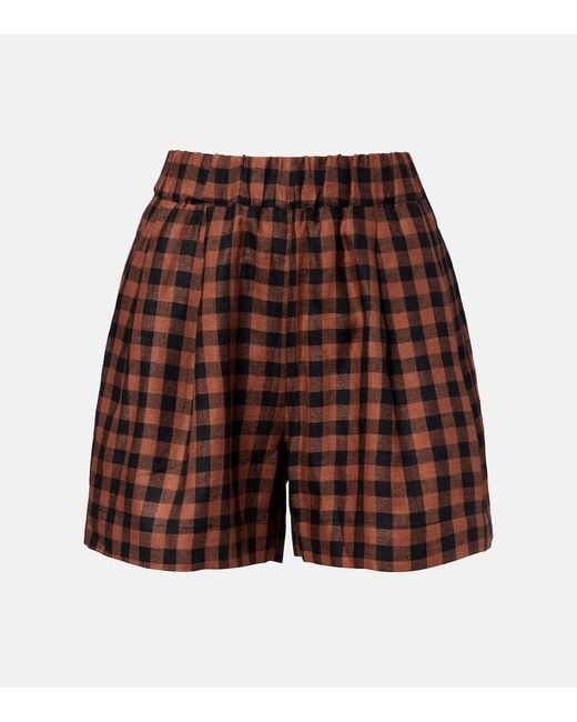 Asceno Brown Checked Linen Shorts