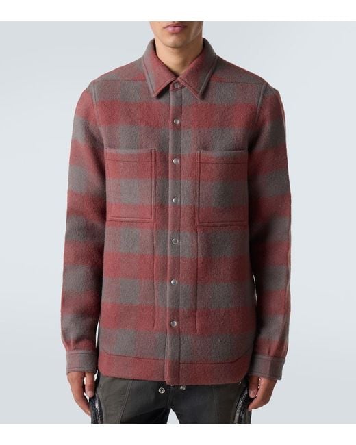 Rick Owens Red Checked Virgin Wool Overshirt for men