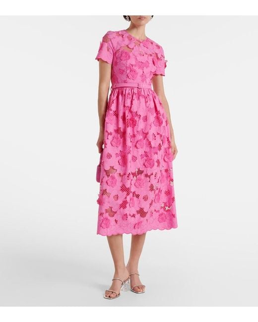 Self-Portrait Pink Cotton-Blend Lace Midi Dress