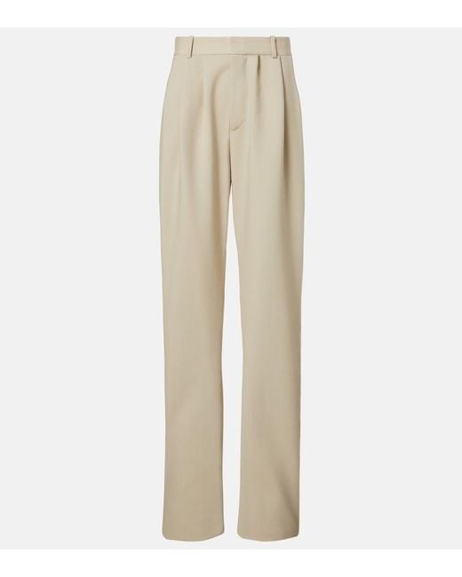 Saint Laurent Natural Pleated Wool Wide-Leg Pants