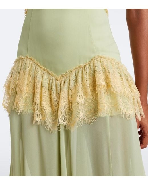 De La Vali Green Estela Lace-Trimmed Georgette Maxi Dress