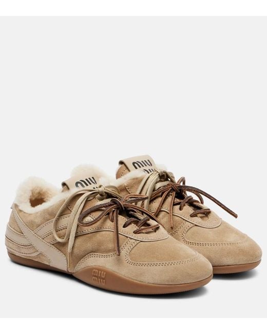 Miu Miu Brown Gymnasium Shearling-Lined Suede Sneakers