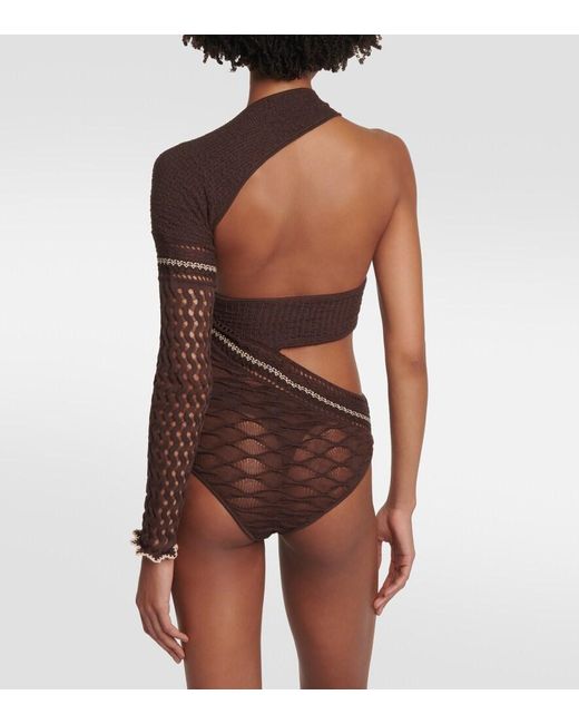 Roberta Einer Brown Dina Asymmetric Knit Bodysuit