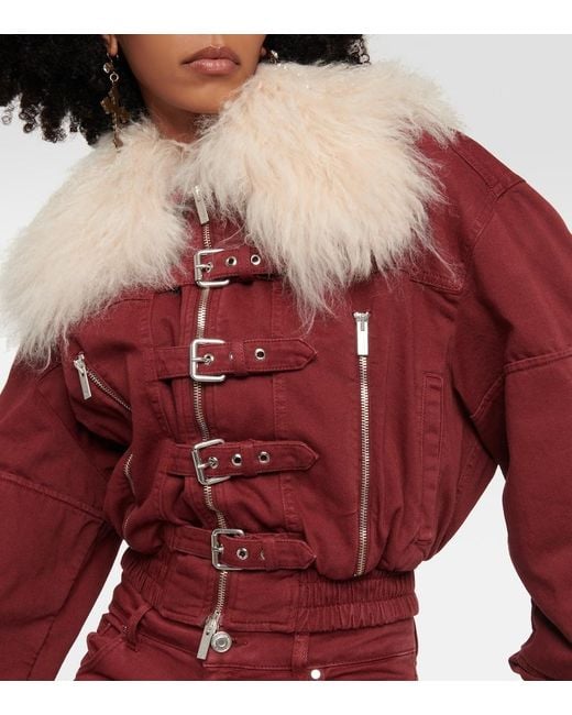 Blumarine Red Cropped Shearling-Trimmed Denim Jacket