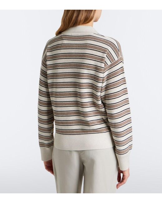 Brunello Cucinelli Gray Striped Cotton-Blend Polo Sweater
