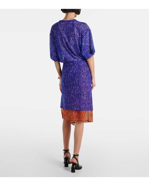 Dries Van Noten Blue Printed Mesh Midi Skirt