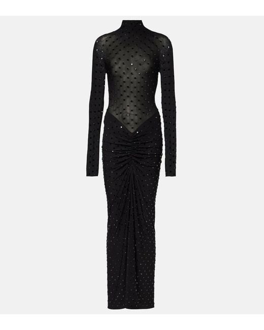 Alaïa Black Embellished Ruched Jersey Maxi Dress