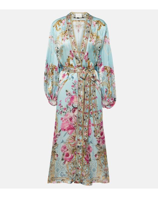 Camilla Blue Embellished Floral Silk Satin Robe