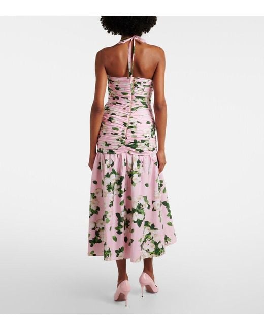 Carolina Herrera White Floral Ruched Cotton-Blend Midi Dress