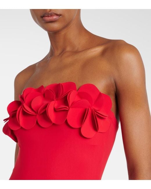 Karla Colletto Red Tess Floral-Applique Bandeau Swimsuit