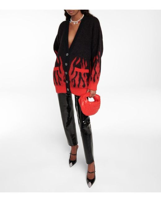Alessandra Rich Red Embellished Mohair-Blend Jacquard Cardigan