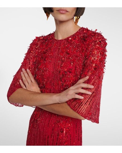Jenny Packham Red Violetta Embellished Caped Gown