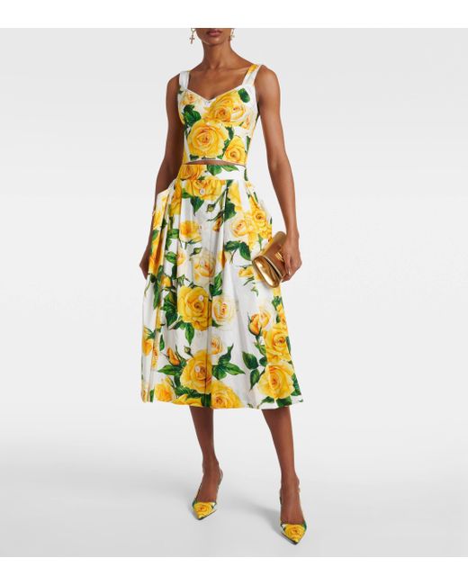 Dolce & Gabbana Yellow Floral Cotton Poplin Midi Skirt