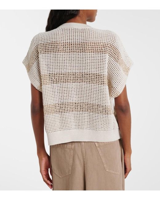 Brunello Cucinelli White Open-Knit Sequined Cotton Sweater