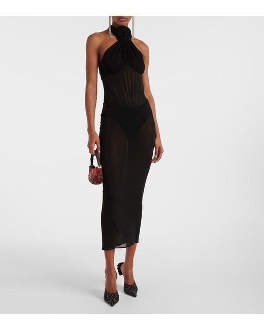 Magda Butrym Black Floral-Applique Sheer Cocktail Dress