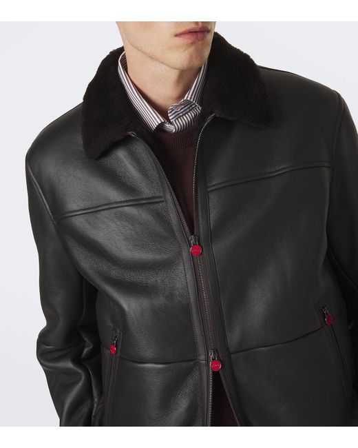 Kiton Black Shearling-Trimmed Leather Bomber Jacket for men