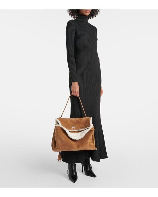 Balenciaga Brown Rodeo Large Shearling-Lined Suede Shoulder Bag
