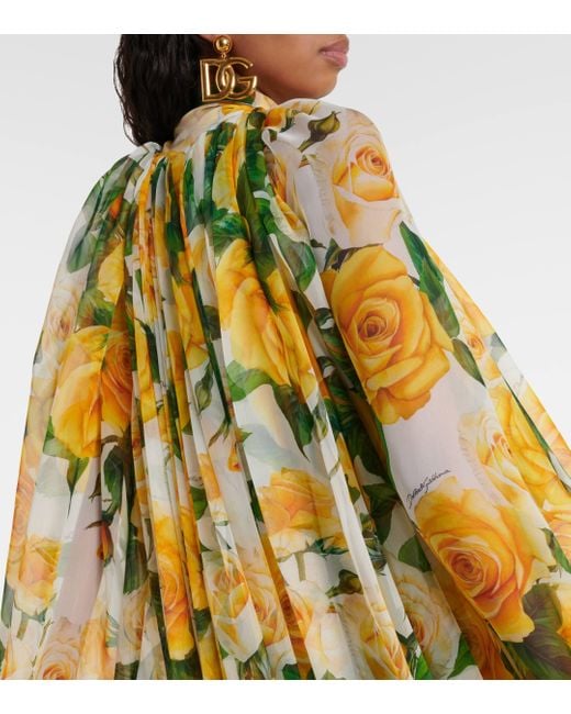 Dolce & Gabbana Metallic Floral Caped Silk Chiffon Gown
