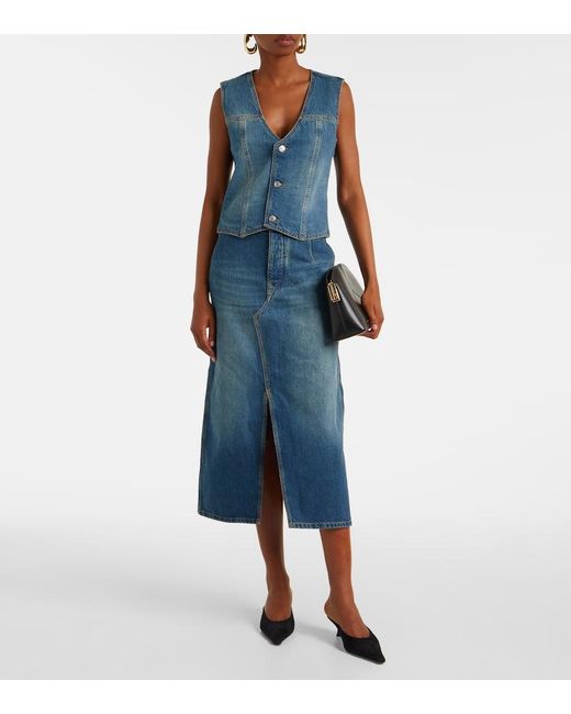 Victoria Beckham Blue Asymmetric Denim Midi Skirt