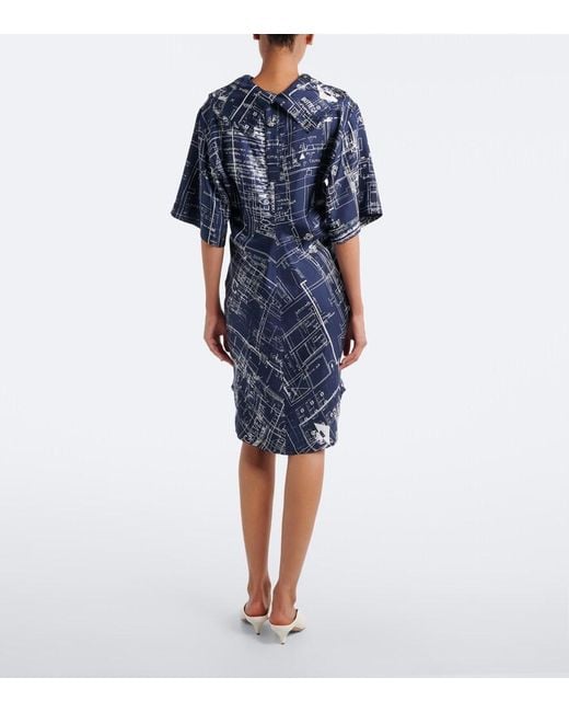 Bottega Veneta Blue Printed Silk Twill Midi Dress