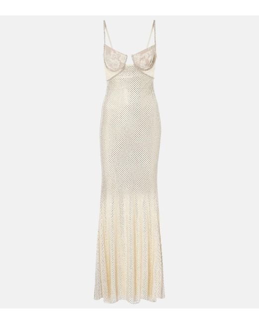 Self-Portrait White Bridal Embellished Mesh-Trimmed Gown