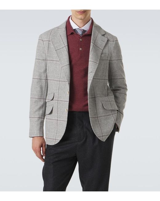 Brunello Cucinelli Gray Checked Silk, Wool, And Cashmere Blazer for men