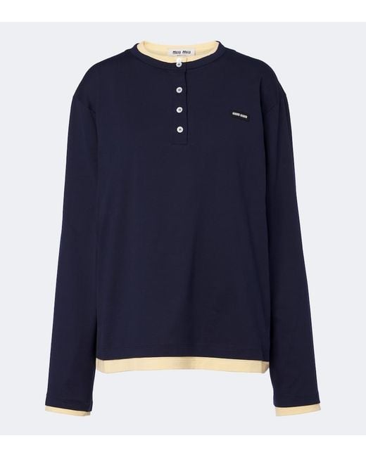 Miu Miu Blue Layered Cotton Jersey Henley Shirt