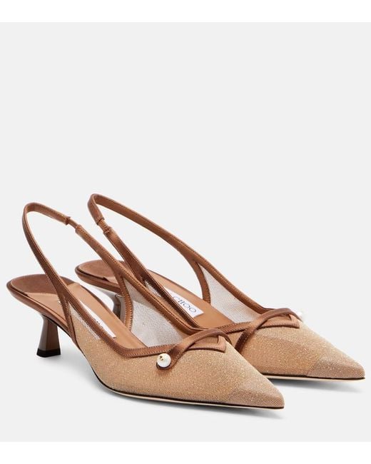 Jimmy Choo Brown Amita 45 Leather-Trimmed Slingback Pumps